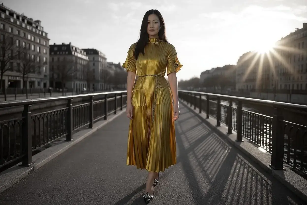 Woman in gold dress in studio