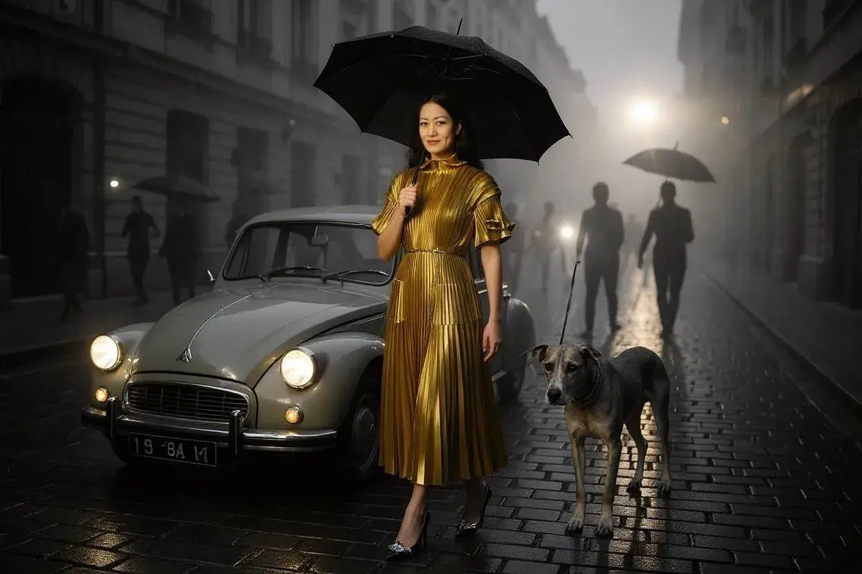 Woman in gold dress on bridge